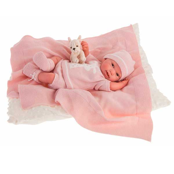 Boneca Antonio Juan Happy Reborn Cobertor Rosa com Cahorro 40 cm - Imagem 1