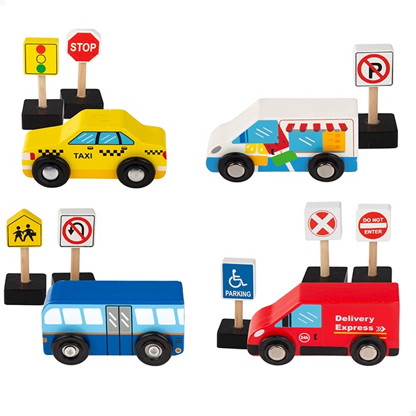 Conjunto de carros de madeira e sinais de trânsito - Imagem 1