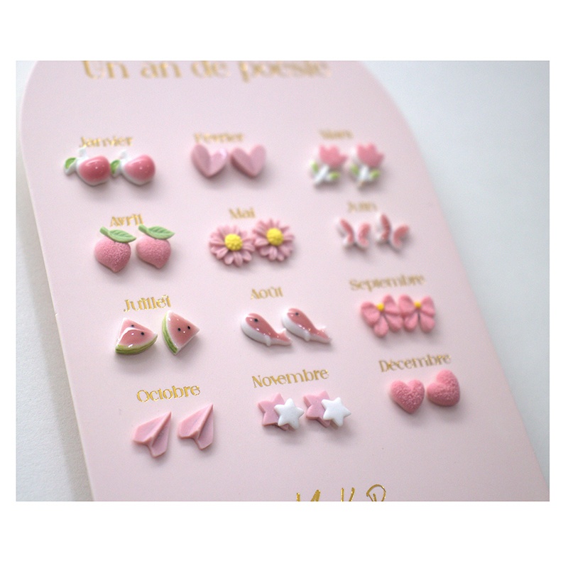 Conjunto 12 Pares de Brincos Cerâmica Rosa - Imagem 1