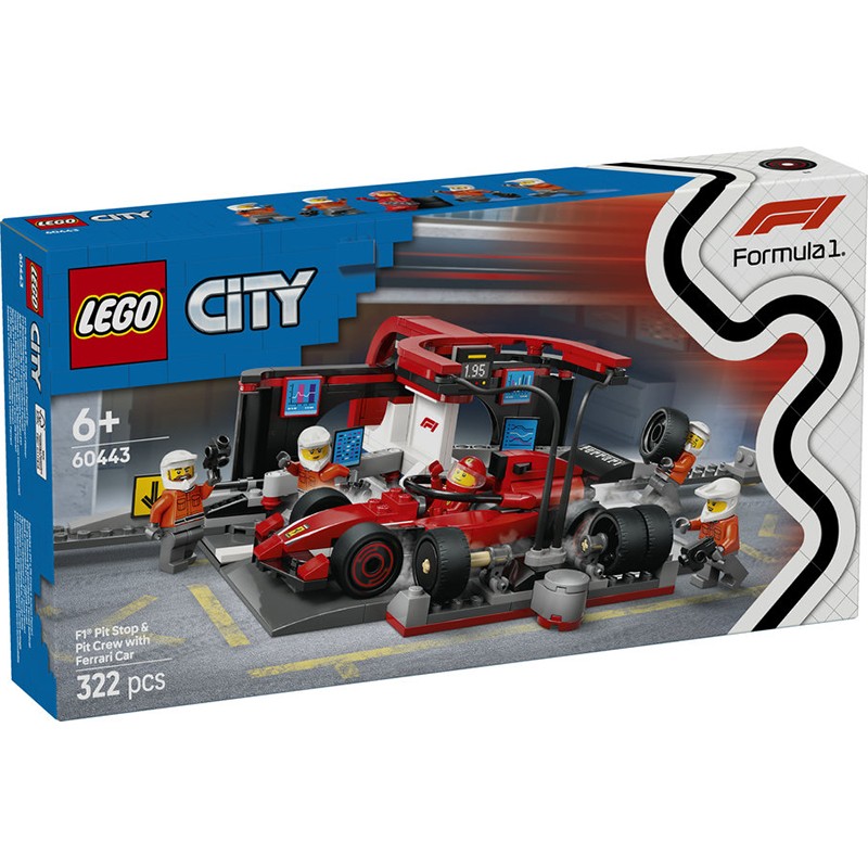 Lego City 60443 - Pit Stop de F1 e equipa mecânica com carro Ferrari