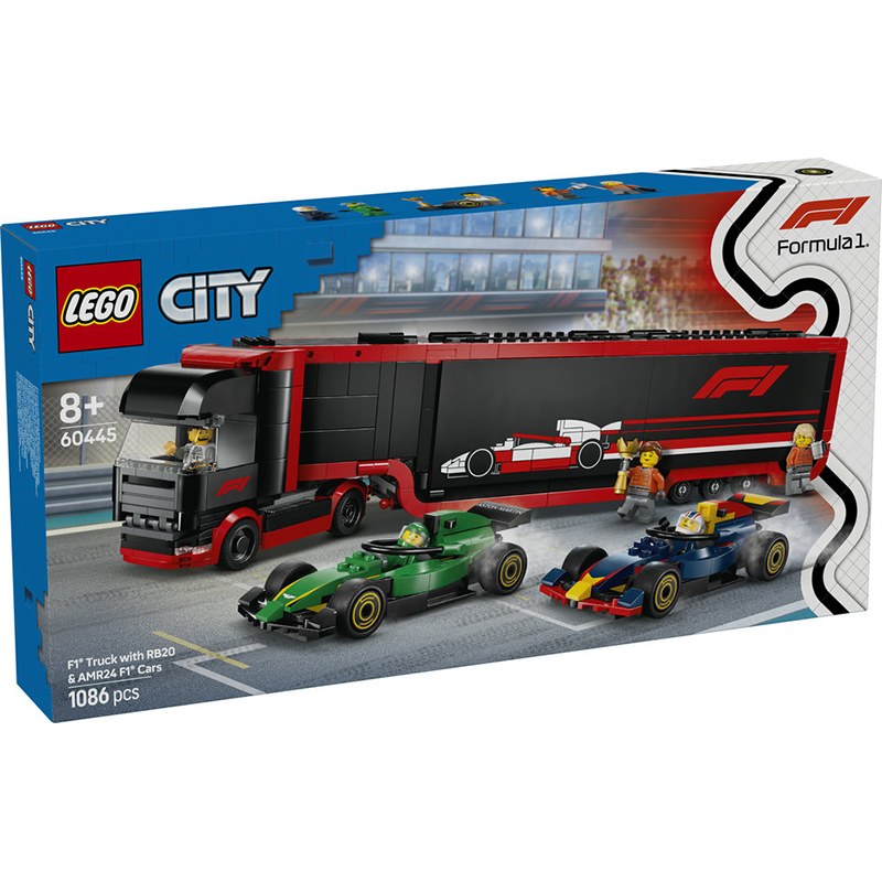 Lego City 60445 - Camião de F1 com carros de F1 RB20 e AMR24