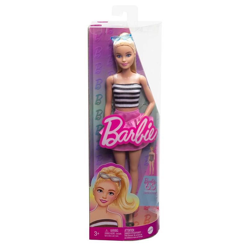 Barbie Muñeca Rubia Con Top Rayas Y Falda Rosa Fashionistas - Imagen 