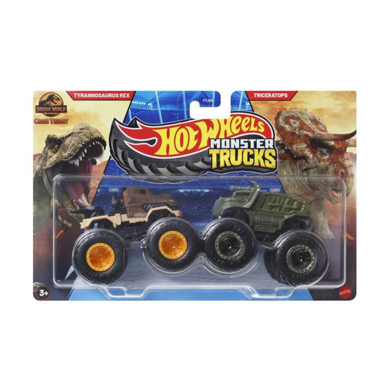 Hot Wheels Monster Trucks Pack 2 Coches Jurassic World T-Rex vs Triceratops