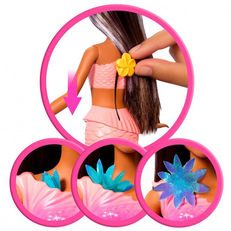 Barbie Muñeca Sirena Mágica Flores Morena - Imagen 4