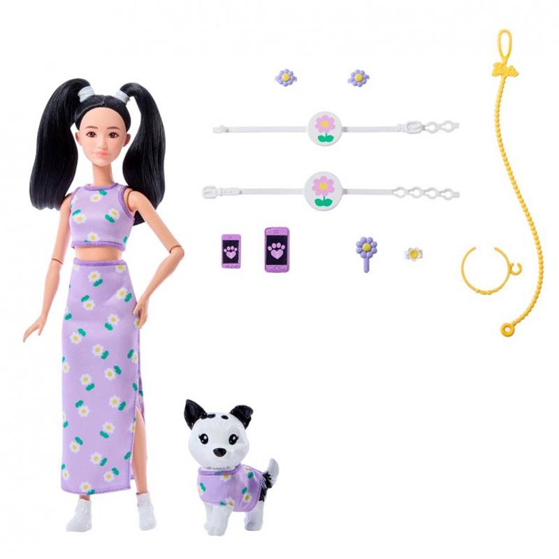 Barbie Twinning Muñeca asiática con perrito mascota - Imagen 1