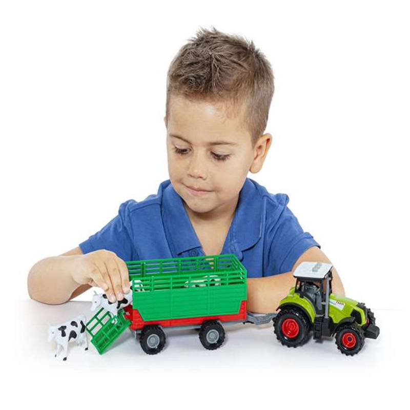 Trator de brinquedo com reboque, luz e sons