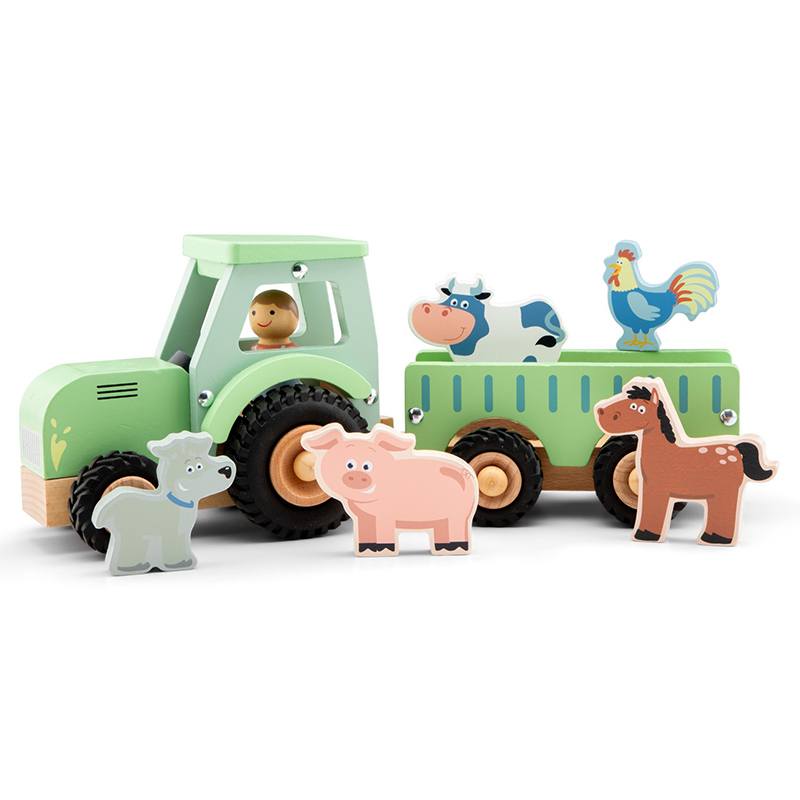 Tractor de Madera con Remolque y 5 Animales