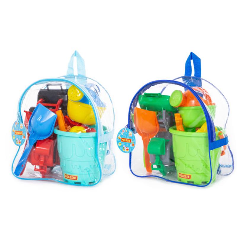 Mochila con cubo, pala y moldes con tractor