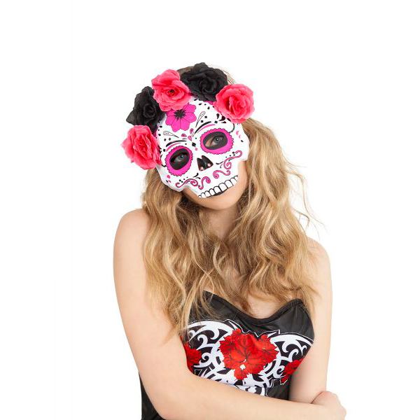 Máscara Katrina com flores rosa e pretas - Imagem 1